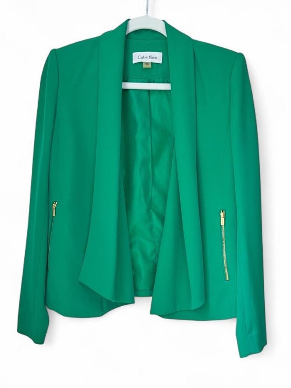 Calvin Klein Green Open-Front Draped Blazer with Gold Zips